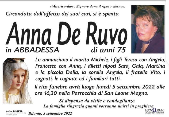 ANNA DE RUVO In Abbadessa | Bitonto | Necrologi Web