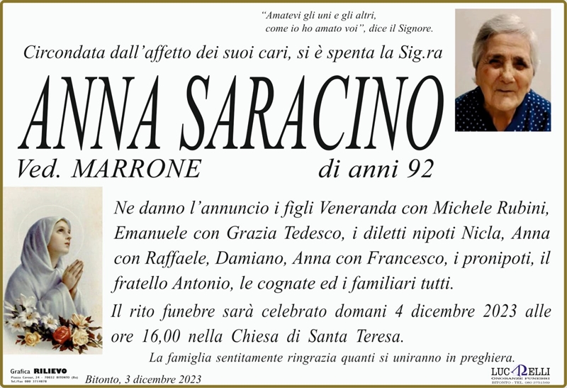 ANNA SARACINO Ved. Marrone | Bitonto | Necrologi Web