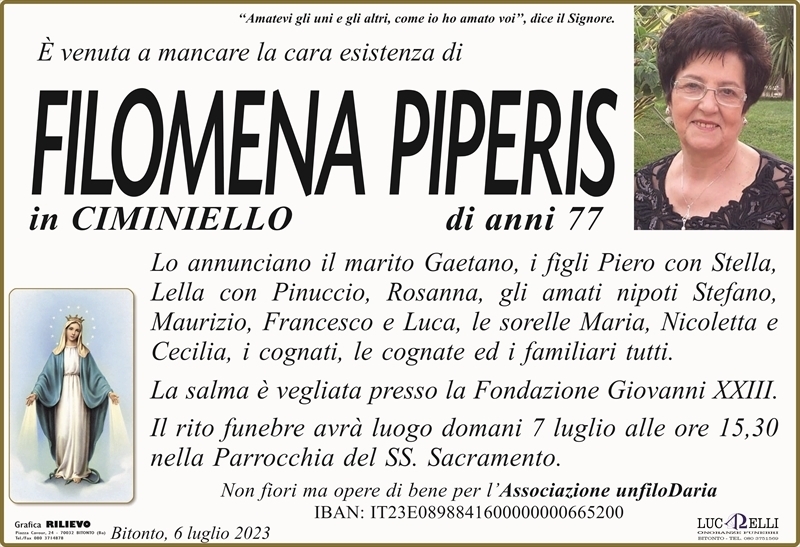 FILOMENA PIPERIS in Ciminiello | Bitonto | necrologi web