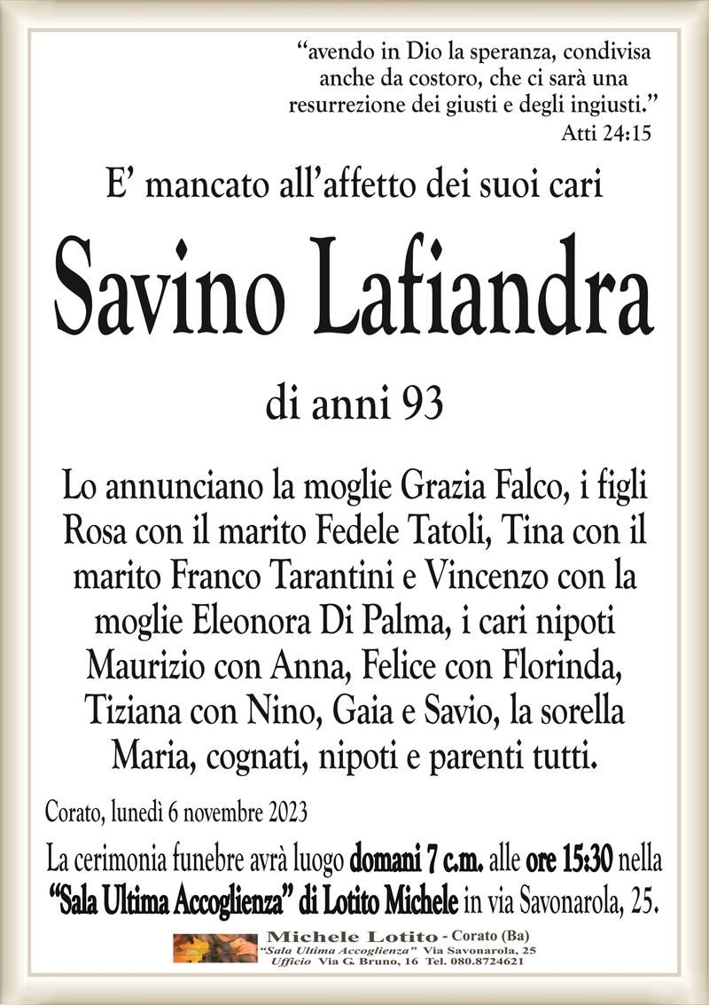 SAVINO LAFIANDRA | Corato | necrologi web