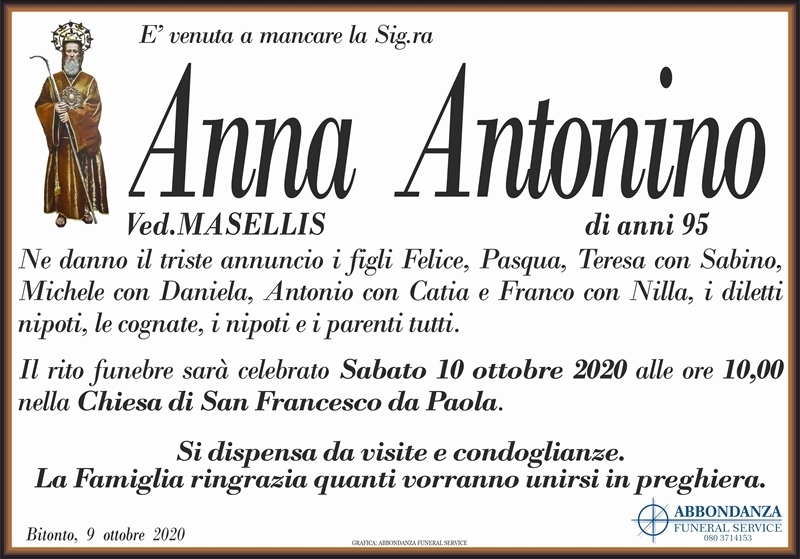 ANNA ANTONINO Ved. MASELLIS | Bitonto | Necrologi Web