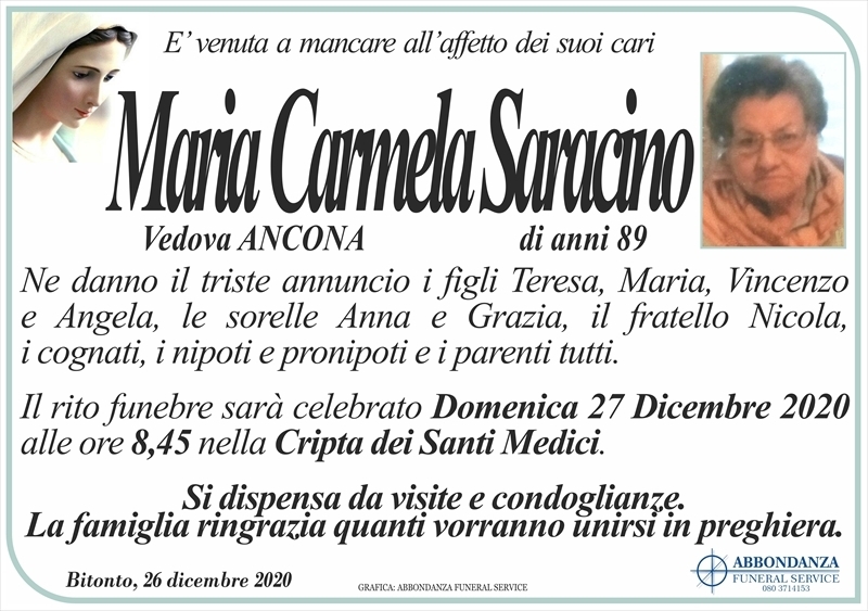 MARIA CARMELA SARACINO Ved. Ancona | Bitonto | Necrologi Web